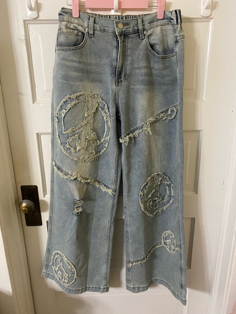 Blue Velvet Peace Sign Patchwork Pants Size S Oversized Will Fit Up To Medium - Picture 2 of 9